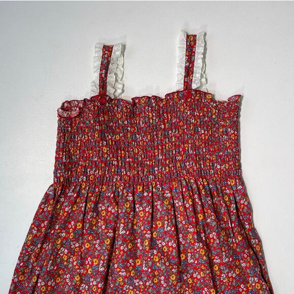 Vintage 80's Red Floral Shirred Cottagecore Dress / Sz XL Plus Handmade Prairie - Picture 5 of 8